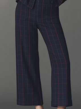 Plaid Cropped Wide-Leg Pants in Navy with Red Grid